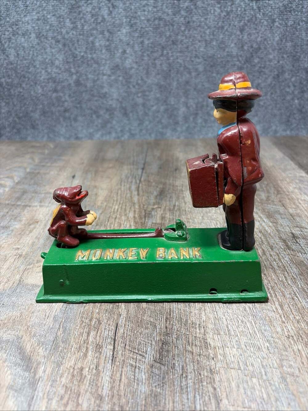1960's Repop Cast Iron Mechanical Monkey Coin Bank Colorful Hand Painted Works